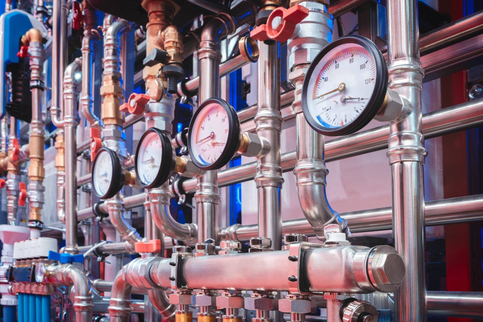 Industrial piping system with multiple pressure gauges, red valve handles, and stainless steel pipes